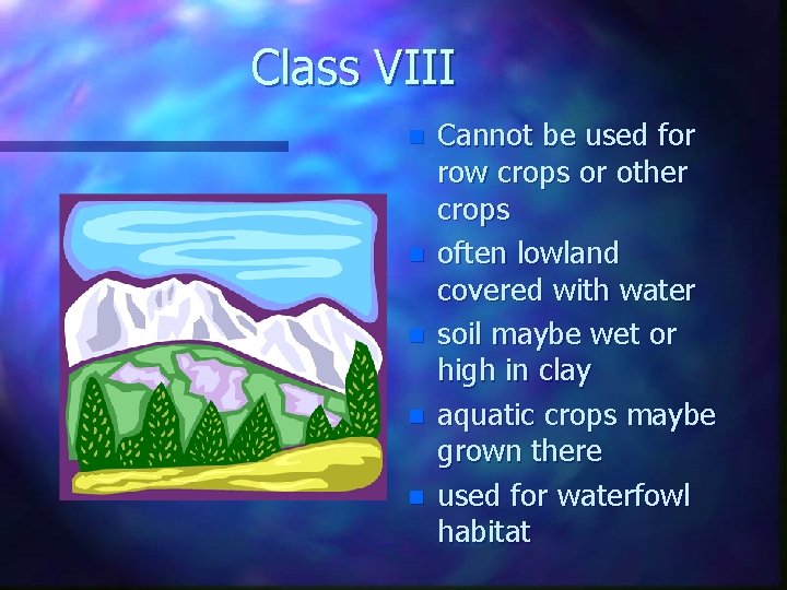 Class VIII n n n Cannot be used for row crops or other crops
