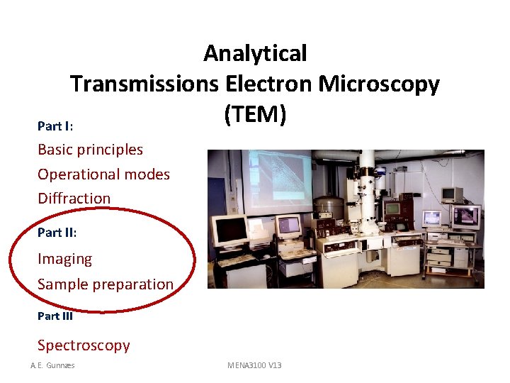 Analytical Transmissions Electron Microscopy (TEM) Part I: Basic principles Operational modes Diffraction Part II:
