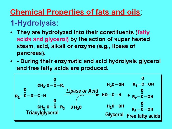 Chemical Properties of fats and oils: oils 1 -Hydrolysis: • They are hydrolyzed into