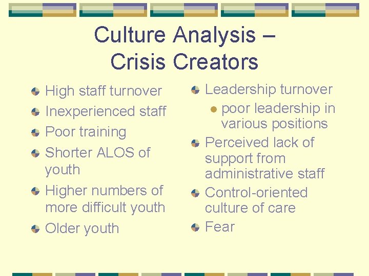 Culture Analysis – Crisis Creators High staff turnover Inexperienced staff Poor training Shorter ALOS