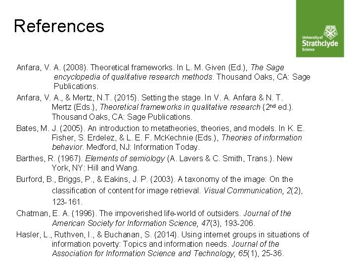 References Anfara, V. A. (2008). Theoretical frameworks. In L. M. Given (Ed. ), The