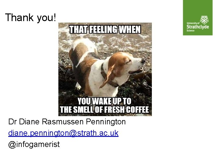 Thank you! Dr Diane Rasmussen Pennington diane. pennington@strath. ac. uk @infogamerist 