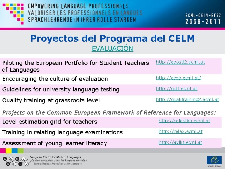 Proyectos del Programa del CELM EVALUACIÓN Piloting the European Portfolio for Student Teachers of