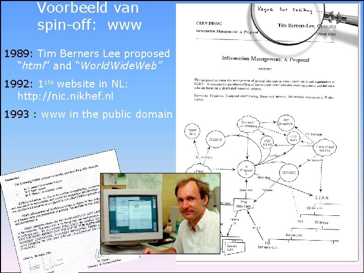 Voorbeeld van spin-off: www 1989: Tim Berners Lee proposed “html” and “World. Wide. Web”