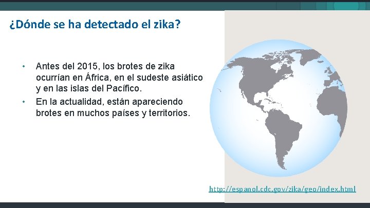 ¿Dónde se ha detectado el zika? • • Antes del 2015, los brotes de