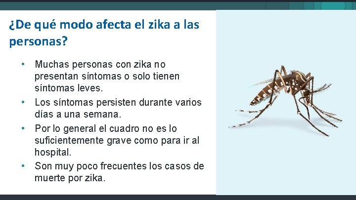 ¿De qué modo afecta el zika a las personas? • Muchas personas con zika