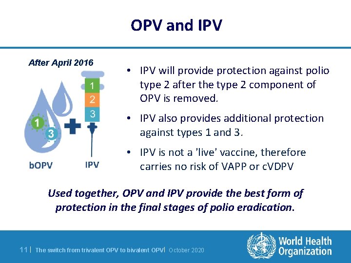 OPV and IPV After April 2016 • IPV will provide protection against polio type