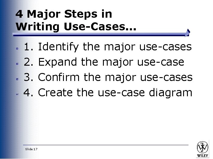 4 Major Steps in Writing Use-Cases. . . 1. 2. 3. 4. Slide 17