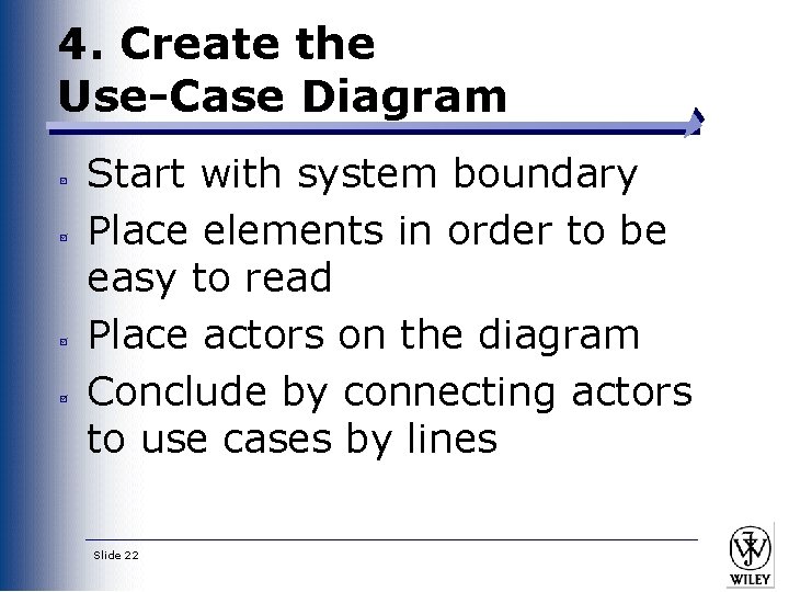 4. Create the Use-Case Diagram Start with system boundary Place elements in order to