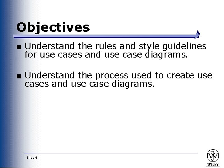Objectives ■ Understand the rules and style guidelines for use cases and use case