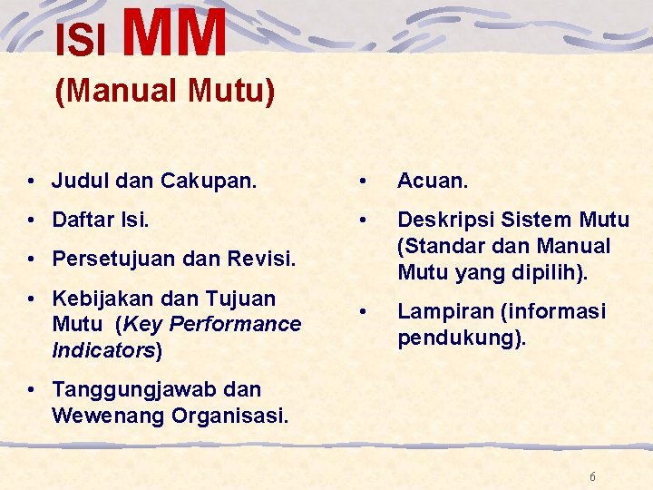 ISI MM (Manual Mutu) • Judul dan Cakupan. • Acuan. • Daftar Isi. • ISI MM (Manual Mutu) • Judul dan Cakupan. • Acuan. • Daftar Isi. •