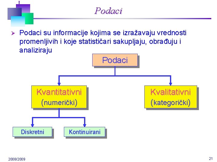 Podaci Ø Podaci su informacije kojima se izražavaju vrednosti promenljivih i koje statističari sakupljaju,