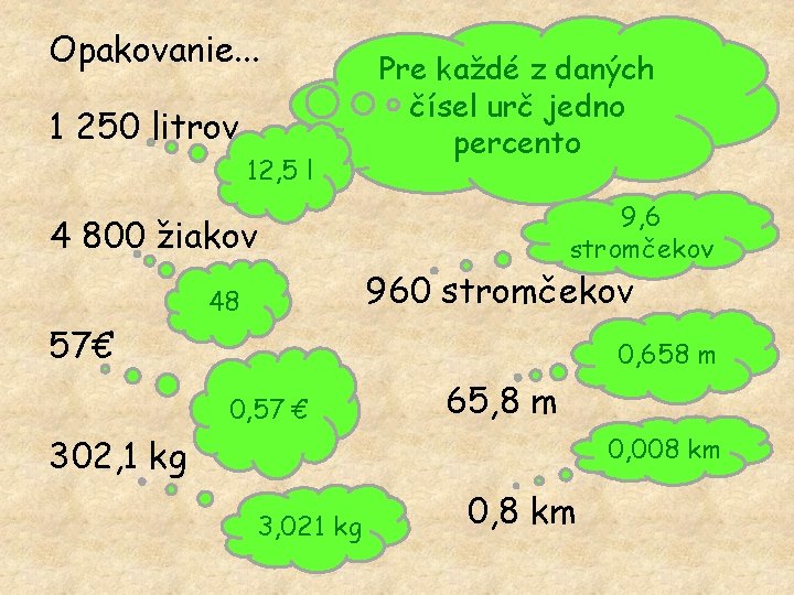 Opakovanie. . . 1 250 litrov 12, 5 l Pre každé z daných čísel