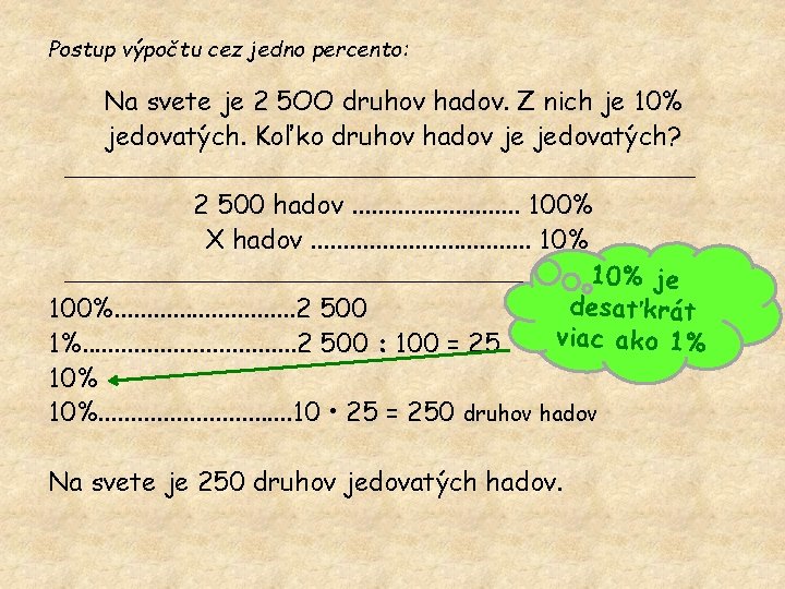 Postup výpočtu cez jedno percento: Na svete je 2 5 OO druhov hadov. Z