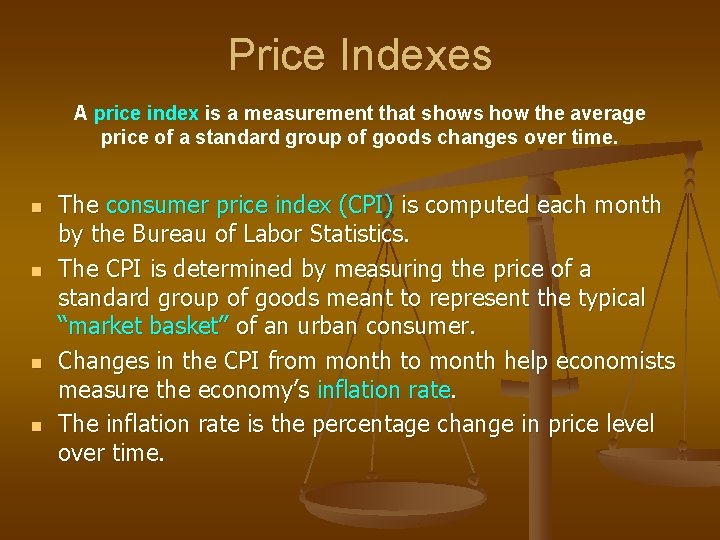 Price Indexes A price index is a measurement that shows how the average price