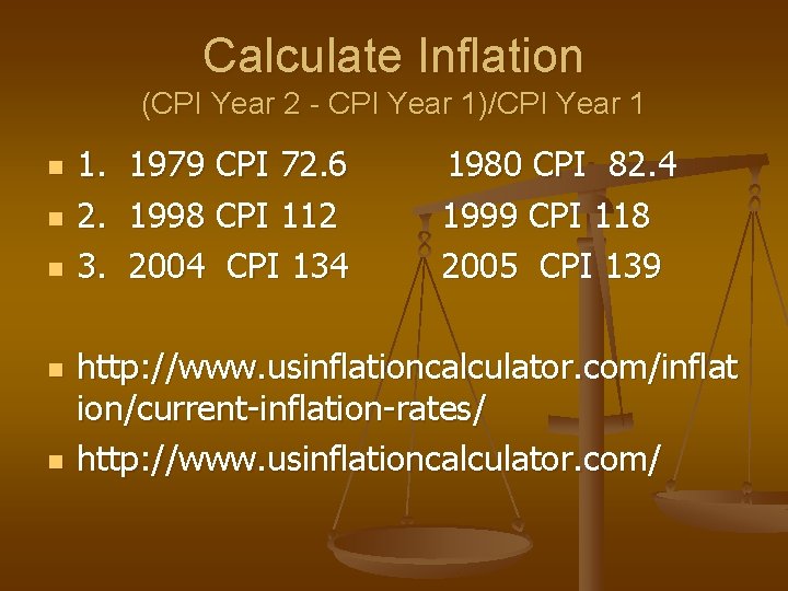 Calculate Inflation (CPI Year 2 - CPI Year 1)/CPI Year 1 n n n