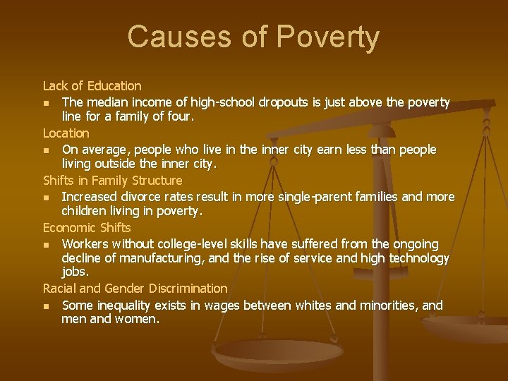Causes of Poverty Lack of Education n The median income of high-school dropouts is