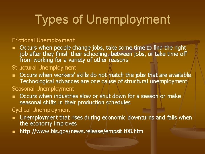 Types of Unemployment Frictional Unemployment n Occurs when people change jobs, take some time