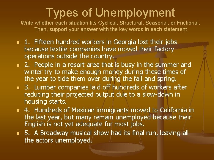 Types of Unemployment Write whether each situation fits Cyclical, Structural, Seasonal, or Frictional. Then,