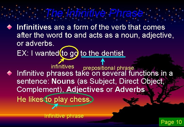 The Infinitive Phrase Infinitives are a form of the verb that comes after the