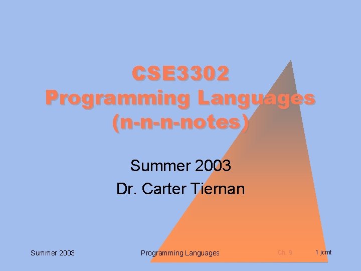 CSE 3302 Programming Languages (n-n-n-notes) Summer 2003 Dr. Carter Tiernan Summer 2003 Programming Languages