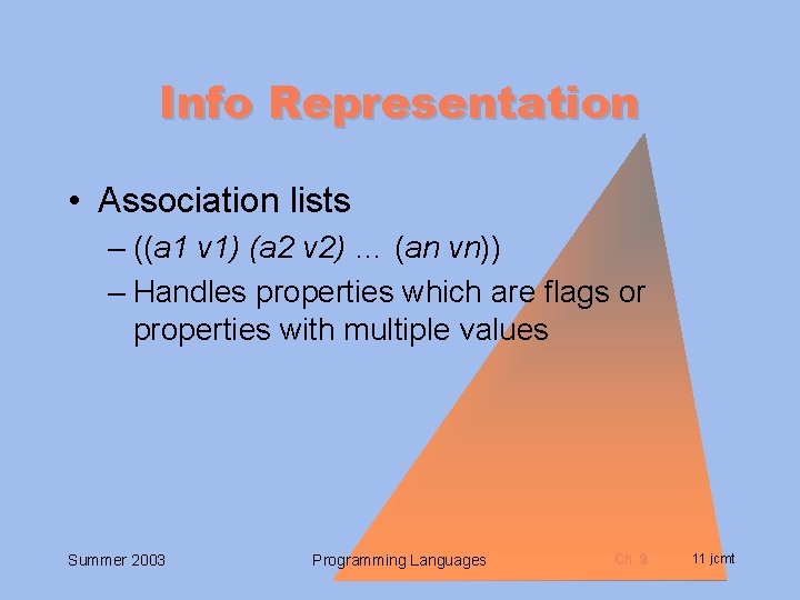 Info Representation • Association lists – ((a 1 v 1) (a 2 v 2)