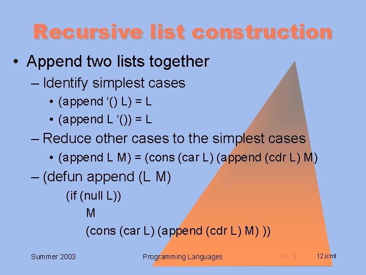 Recursive list construction • Append two lists together – Identify simplest cases • (append