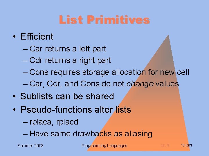 List Primitives • Efficient – Car returns a left part – Cdr returns a