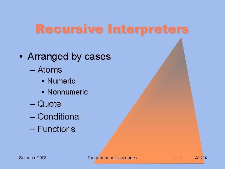 Recursive Interpreters • Arranged by cases – Atoms • Numeric • Nonnumeric – Quote