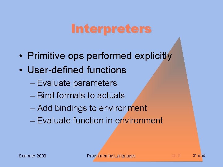 Interpreters • Primitive ops performed explicitly • User-defined functions – Evaluate parameters – Bind