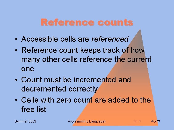 Reference counts • Accessible cells are referenced • Reference count keeps track of how