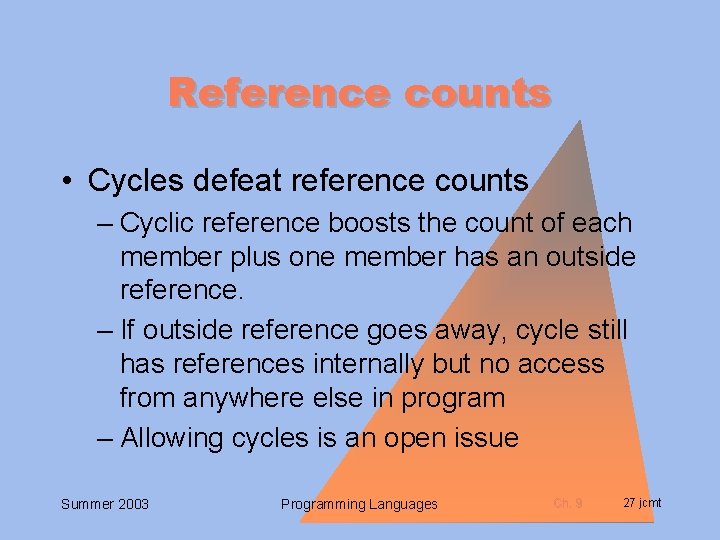 Reference counts • Cycles defeat reference counts – Cyclic reference boosts the count of