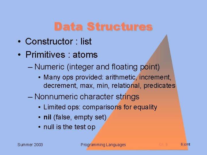 Data Structures • Constructor : list • Primitives : atoms – Numeric (integer and