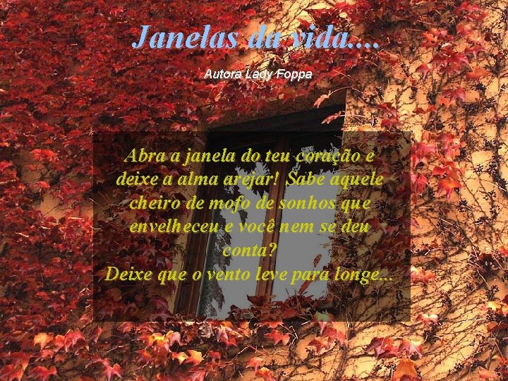 Janelas da vida. . Autora Lady Foppa Abra a janela do teu coração e