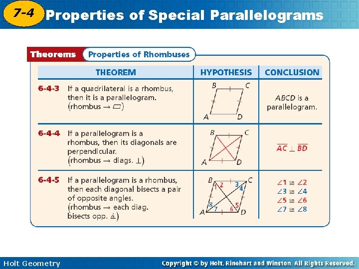 7 -4 Properties of Special Parallelograms 6 -4 Holt Geometry 