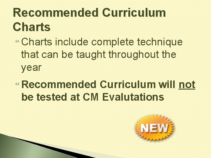 Recommended Curriculum Charts include complete technique that can be taught throughout the year Recommended