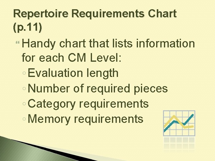 Repertoire Requirements Chart (p. 11) Handy chart that lists information for each CM Level: