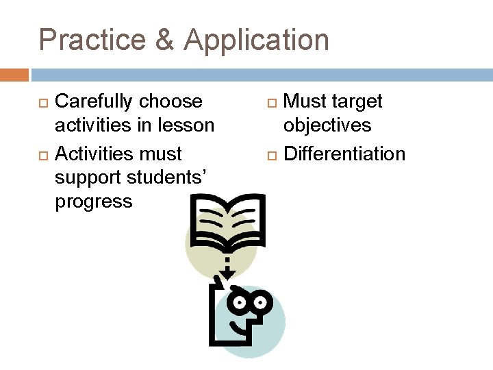 Practice & Application Carefully choose activities in lesson Activities must support students’ progress Must Practice & Application Carefully choose activities in lesson Activities must support students’ progress Must