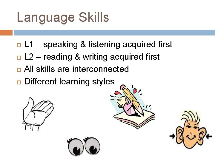 Language Skills L 1 – speaking & listening acquired first L 2 – reading Language Skills L 1 – speaking & listening acquired first L 2 – reading