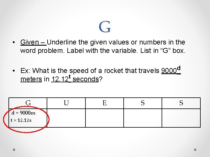 G • Given – Underline the given values or numbers in the word problem.