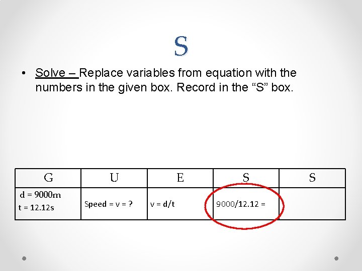 S • Solve – Replace variables from equation with the numbers in the given