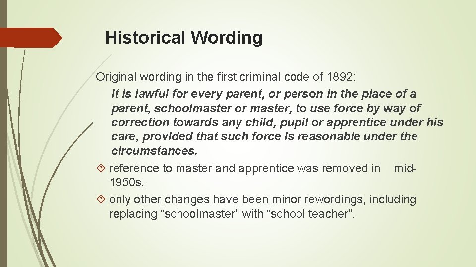 Historical Wording Original wording in the first criminal code of 1892: It is lawful