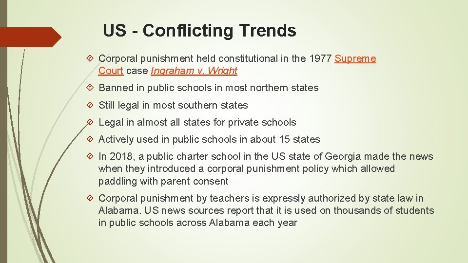 US - Conflicting Trends Corporal punishment held constitutional in the 1977 Supreme Court case