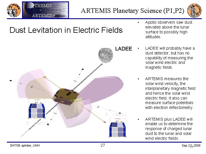 THEMIS ARTEMIS Planetary Science (P 1, P 2) • Apollo observers saw dust elevated