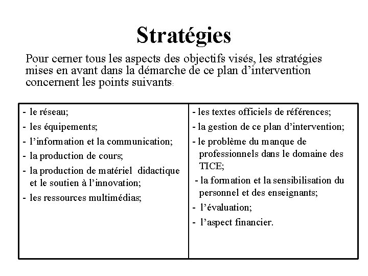 Stratégies Pour cerner tous les aspects des objectifs visés, les stratégies mises en avant