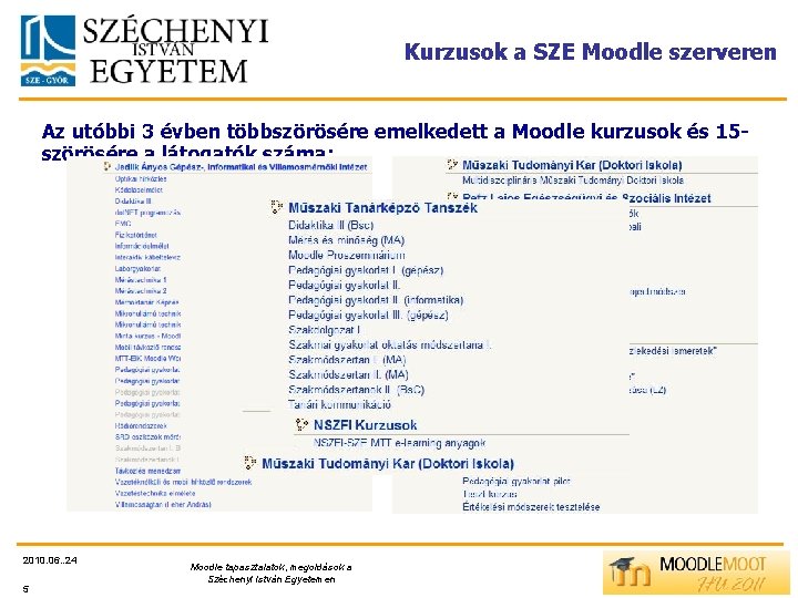 Kurzusok a SZE Moodle szerveren Az utóbbi 3 évben többszörösére emelkedett a Moodle kurzusok