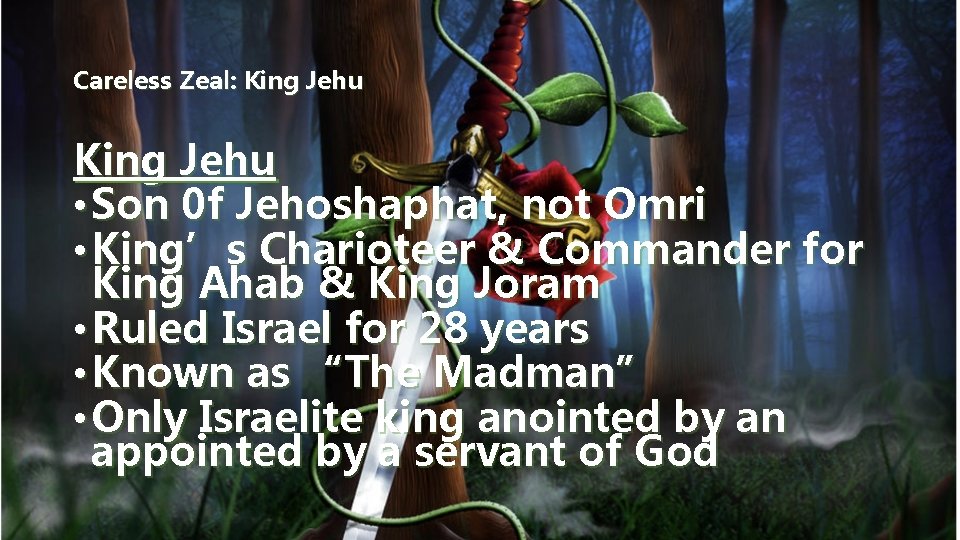 Careless Zeal: King Jehu • Son 0 f Jehoshaphat, not Omri • King’s Charioteer