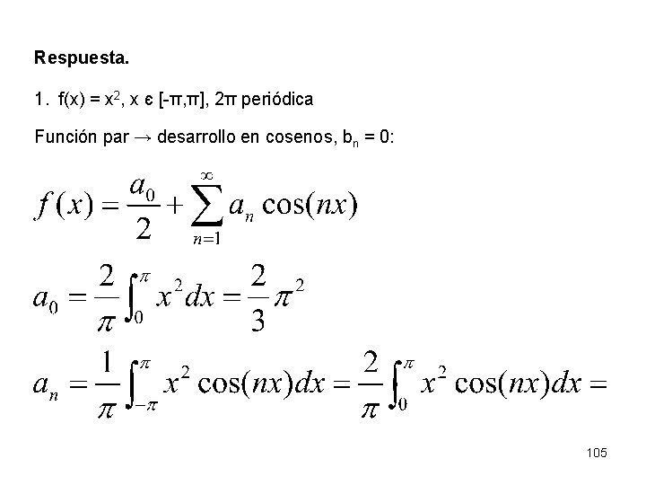 Respuesta. 1. f(x) = x 2, x є [-π, π], 2π periódica Función par