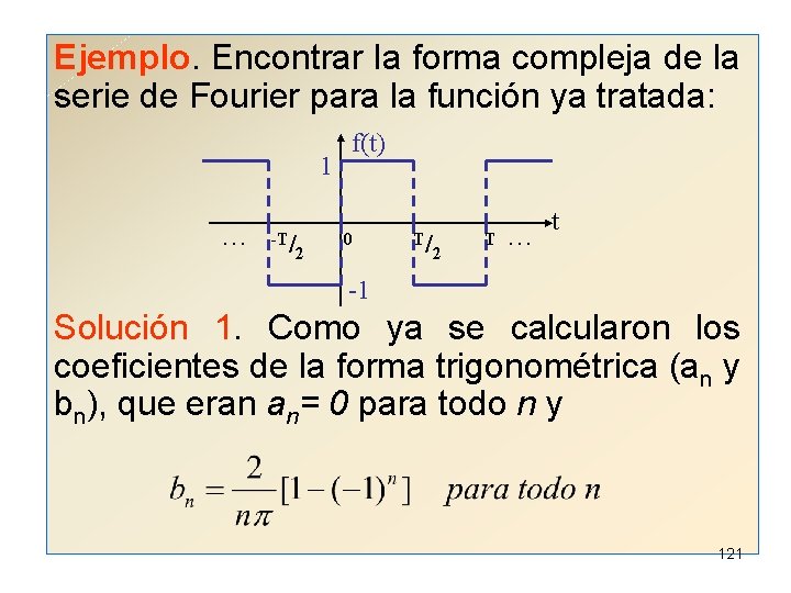 Ejemplo. Encontrar la forma compleja de la serie de Fourier para la función ya