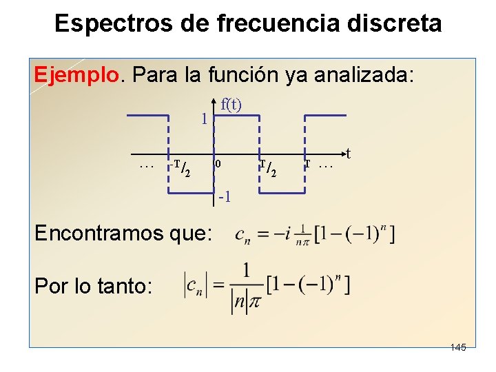 Espectros de frecuencia discreta Ejemplo. Para la función ya analizada: 1. . . -T/